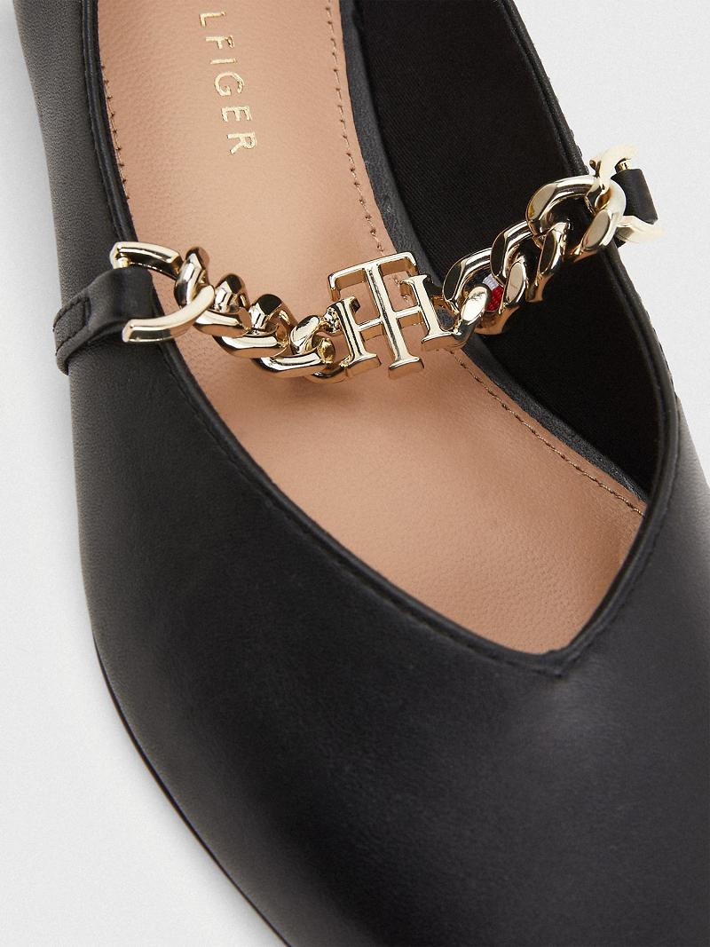 Női Tommy Hilfiger Bőr Chain Ballerina Balerina Cipő Fekete | HU 602OKI